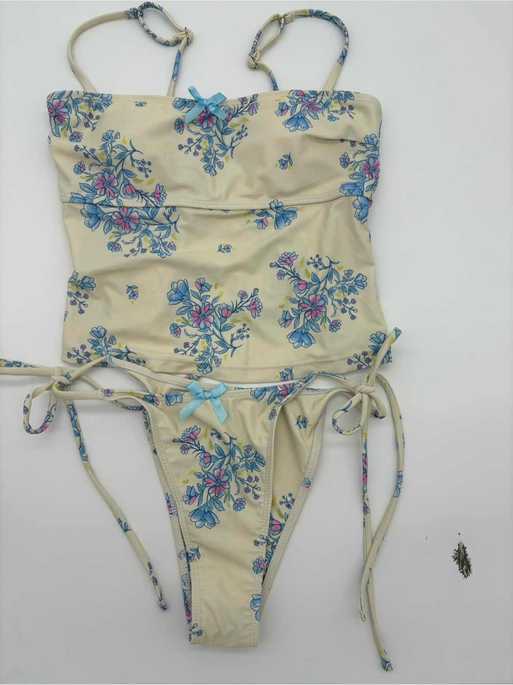 Girls' Cream Floral Tankini Set with Blue Accents NWT